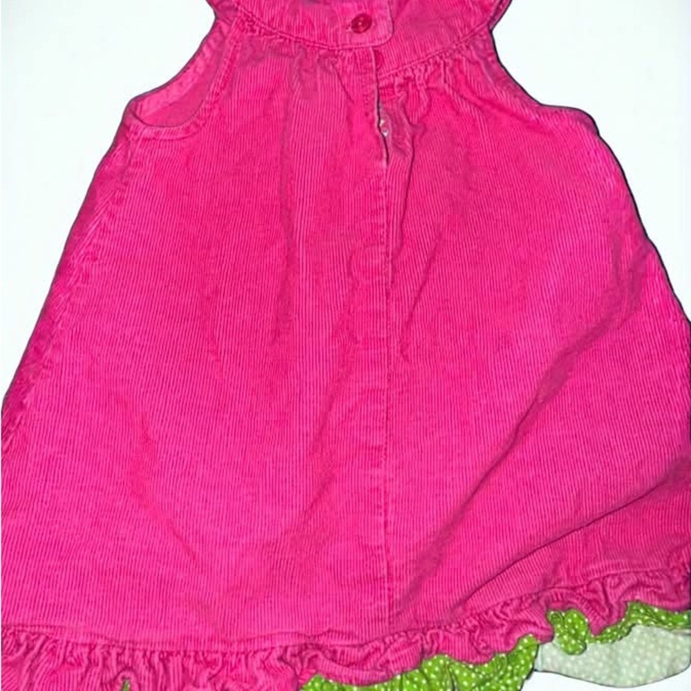 Pink Corduroy Dress with Green Polka Dot Trim